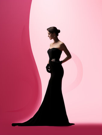 silhouette of a woman in a black dress on a pink backgroundの素材