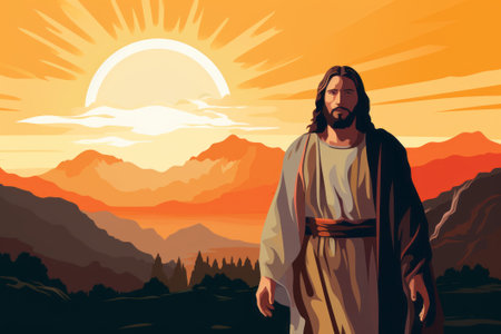 jesus standing in front of a mountain with the sun in the backgroundの素材