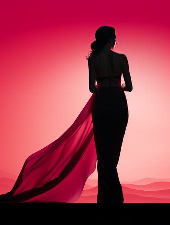 silhouette of a woman in a long dress standing in front of a pink sunsetの素材