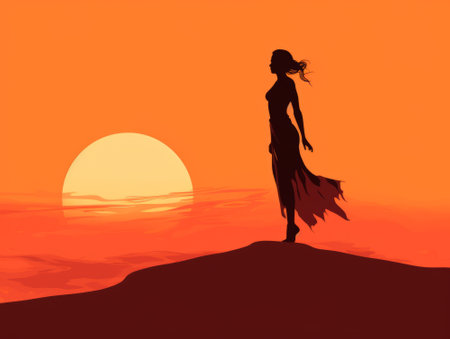 silhouette of a woman standing on top of a hill at sunsetの素材