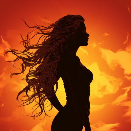 silhouette of a woman with long hair on a sunset backgroundの素材