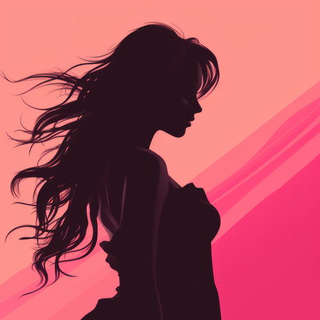 silhouette of a woman with long hair on a pink backgroundの素材