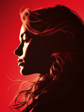 silhouette of a woman with long hair on a red backgroundの素材