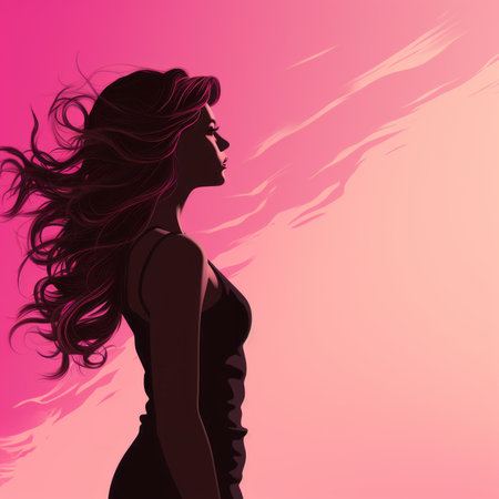 silhouette of a woman with long hair on a pink backgroundの素材