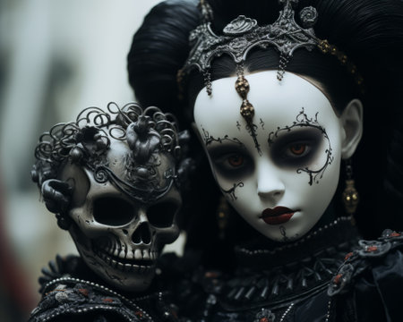 two dolls dressed in black and white with skulls on their headsの素材