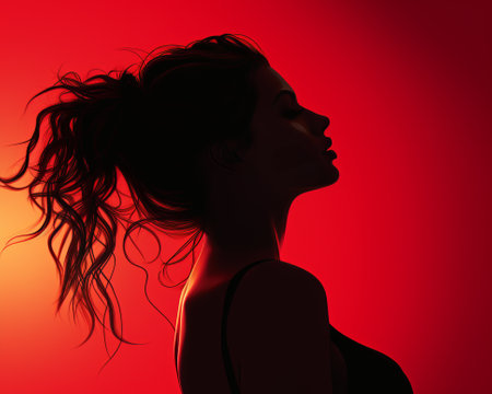 silhouette of a woman with long hair on a red backgroundの素材