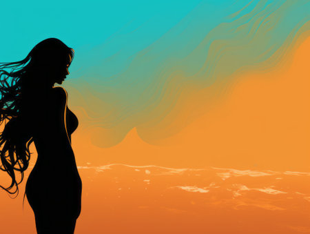 silhouette of a woman with long hair standing in front of the oceanの素材