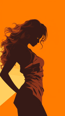 silhouette of a woman with long hair on an orange backgroundの素材