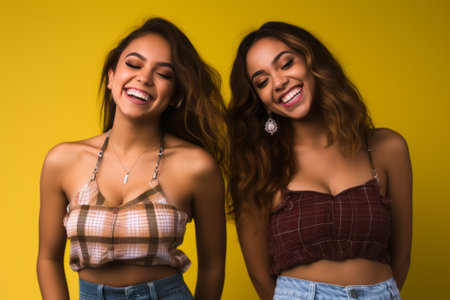 two beautiful young women posing for the camera on a yellow backgroundの素材