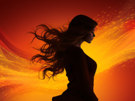 silhouette of a woman with long hair on an orange backgroundの素材