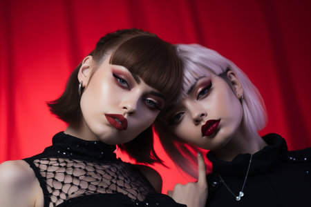 two women with dark makeup posing for the cameraの素材