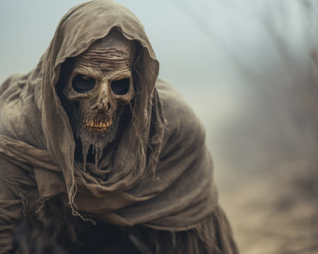 the grim reaper in a hooded robe on a dirt roadの素材