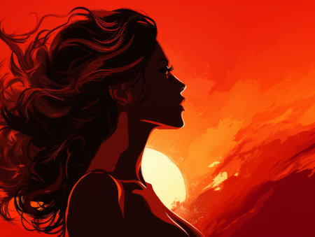 the silhouette of a woman with long hair in front of an orange sunsetの素材