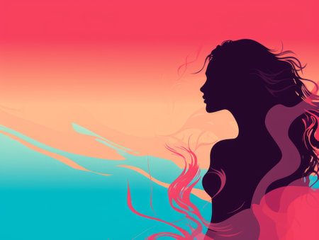 silhouette of a woman with long hair on a colorful backgroundの素材