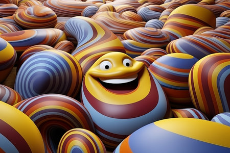 3d illustration of a smiling face surrounded by colorful swirlsの素材