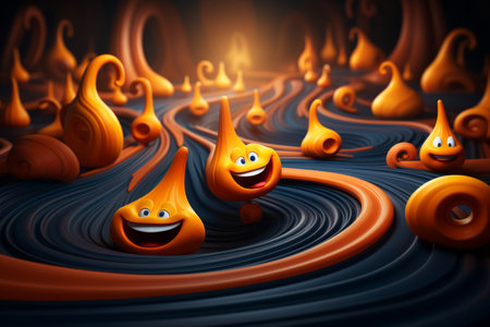 3d illustration of orange and black swirls with smiling facesの素材