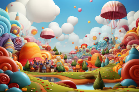 a colorful landscape with balloons flying over itの素材