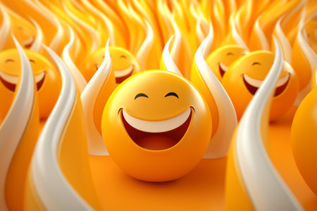 a group of yellow smiley faces with flames coming out of themの素材