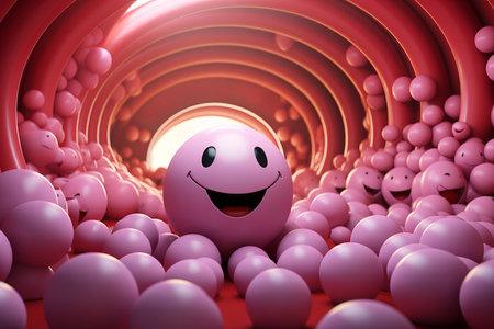 a smiley face surrounded by many pink ballsの素材