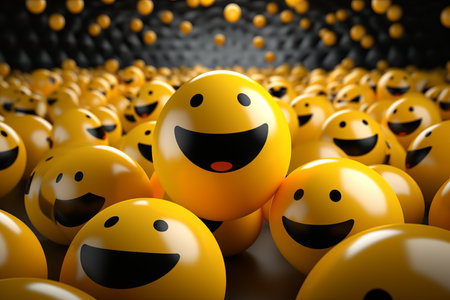 a group of yellow smiley faces in a dark roomの素材