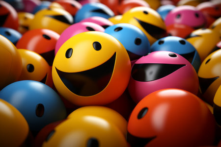 many colorful smiley faces are arranged togetherの素材