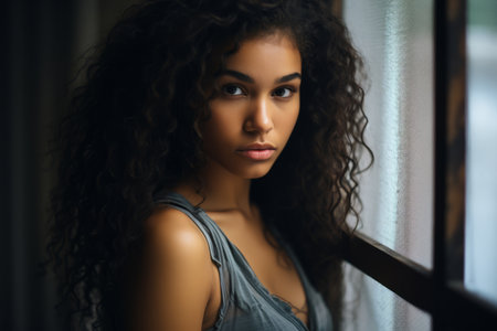 a beautiful young woman with curly hair looking out the windowの素材