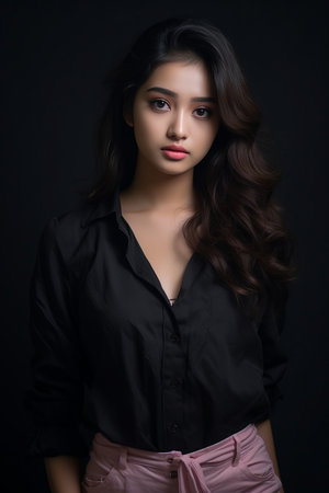 a beautiful young woman in a black shirt and pink pantsの素材