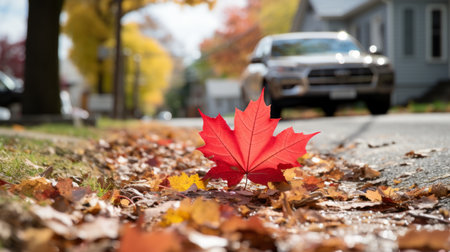 a red maple leaf laying on the ground in front of a carの素材