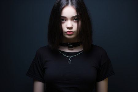 portrait of a young woman with dark hair and black t-shirt on a dark backgroundの素材