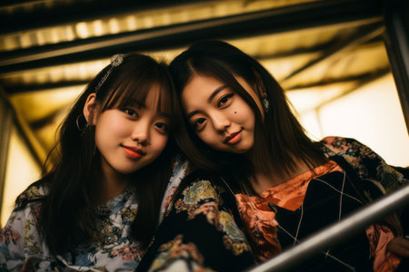two young asian women posing for a photoの素材