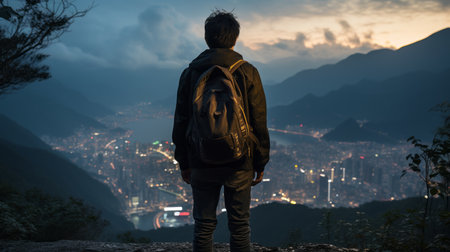 a man with a backpack standing on top of a mountain overlooking a city at nightの素材