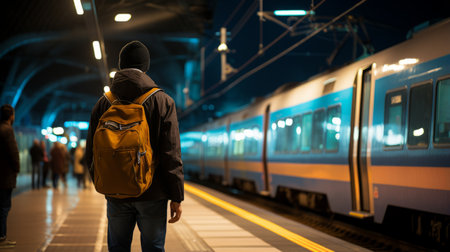a man with a backpack standing in front of a trainの素材