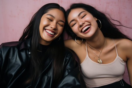 two asian women laughing and smiling in front of a pink wallの素材
