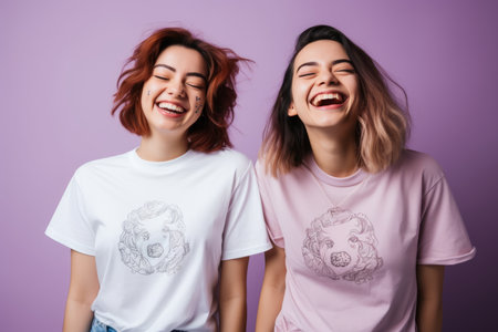 two women wearing t - shirts on a purple backgroundの素材