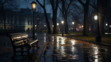 a park bench sitting on a wet sidewalk at nightの素材