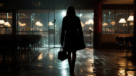 silhouette of a woman walking through a restaurant at nightの素材