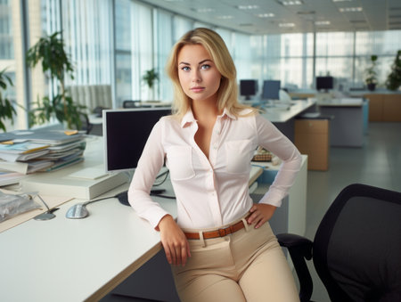 a beautiful blonde woman sitting at a desk in an officeの素材