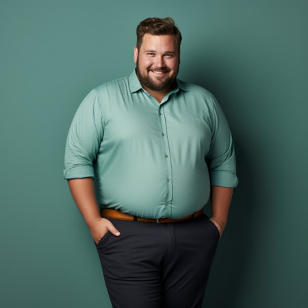 a fat man in a green shirt posing for the cameraの素材