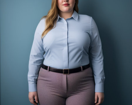 a woman in a blue shirt and purple pantsの素材