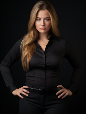 a beautiful young woman in a black shirt and pantsの素材