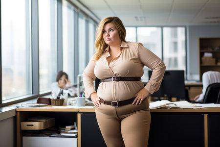 a pregnant woman standing in an office with her hands on her hipsの素材