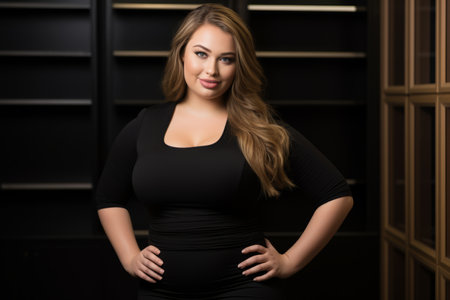 a beautiful young woman in a black dress posing for the cameraの素材