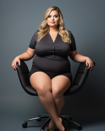 a woman in a black dress sitting on an office chairの素材