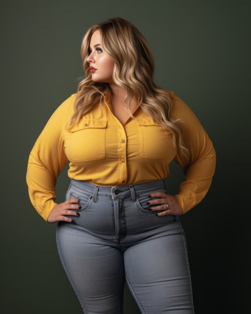 a plus size woman in a yellow shirt and jeansの素材