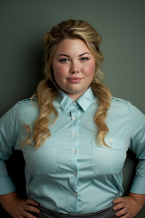 a woman in a blue shirt posing for the cameraの素材