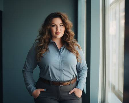a woman in a blue shirt and pants standing by a windowの素材