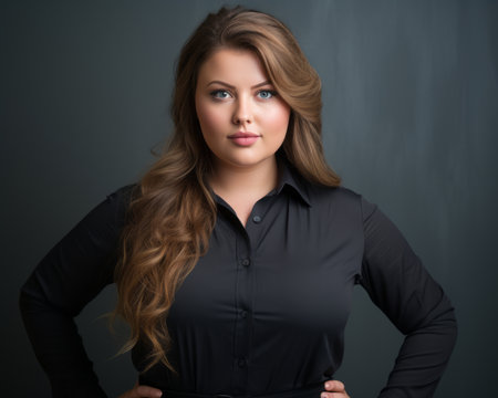 a woman in a black shirt posing for the cameraの素材