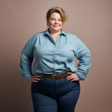 a woman in a blue shirt and jeans posing for the cameraの素材