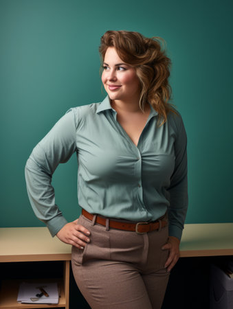 a woman in a blue shirt and brown pants standing in front of a deskの素材