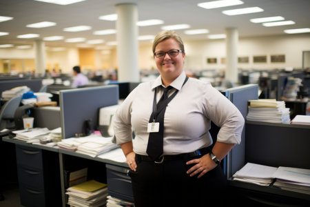 a woman in a business suit standing in an officeの素材